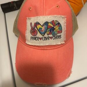 Peace Love Cheer Women's trucker hat Coral and Tan
